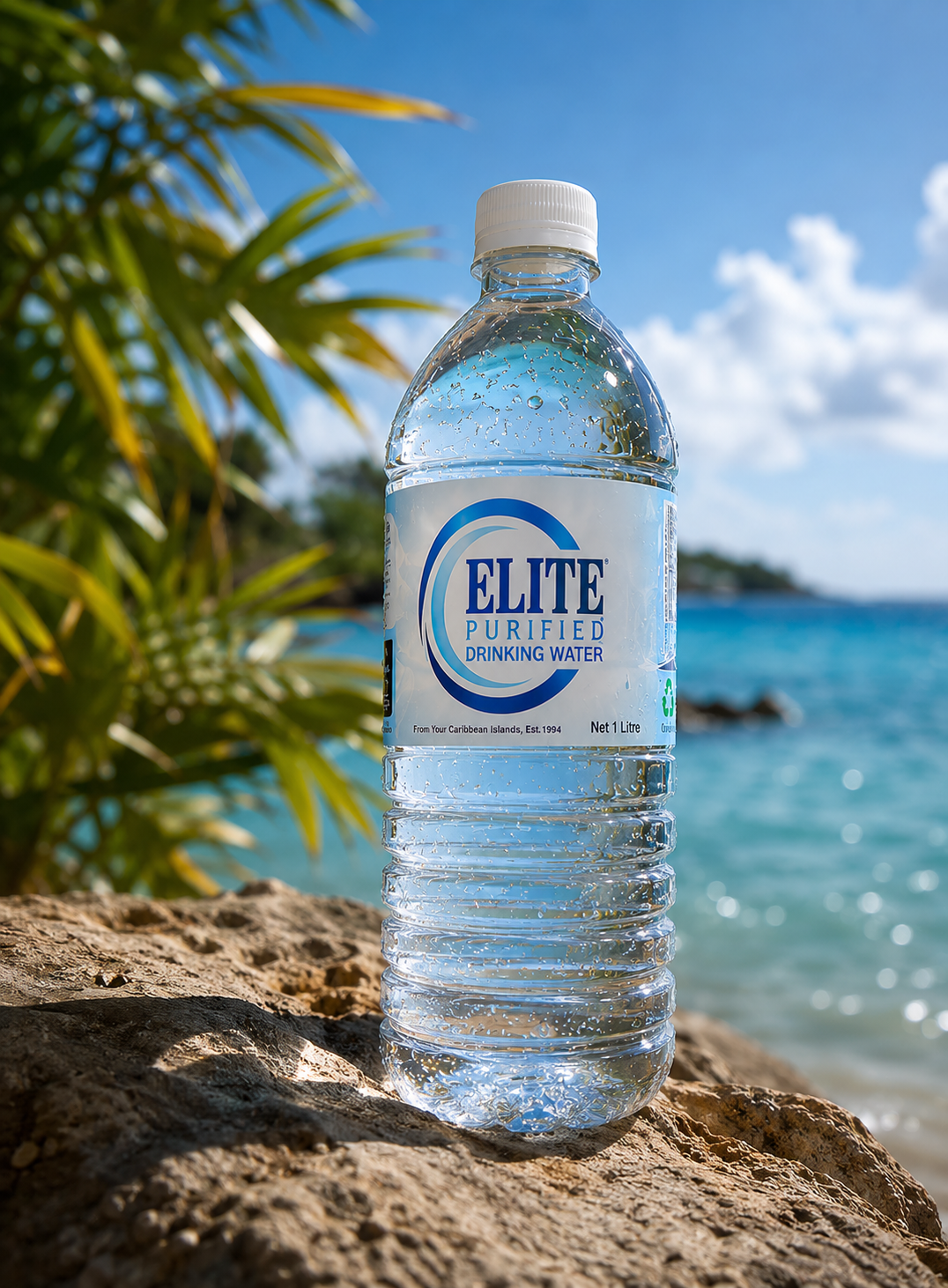 Clear bottled alkaline water on a blue surface